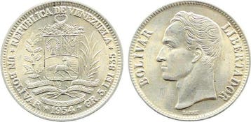 1 Bolivar 5 Lei Venezuela 1954 stempelglanz zilver zilver, Postzegels en Munten, Verzenden