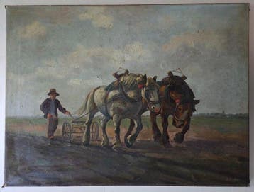 Jan Bakker (1879-1944) - Boer met span ploegende paarden, Antiek en Kunst