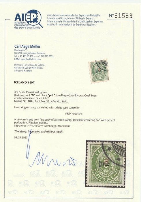 IJsland 1897 - 3/5 Aurar Voorprovisie „þrir“ (klein), Postzegels en Munten, Postzegels | Amerika