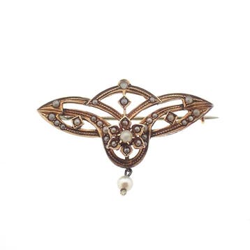 Antiek gouden Victoriaanse broche met parels, Gebruikt, Ophalen of Verzenden, Met edelsteen, Goud