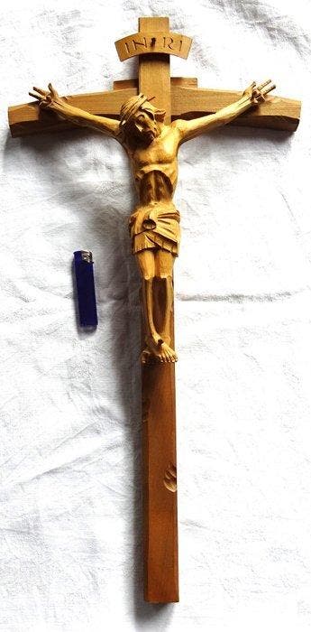 Vintage Crucifix - Lindehout - 1970-1980 - Jezus - 60 cm, Antiek en Kunst