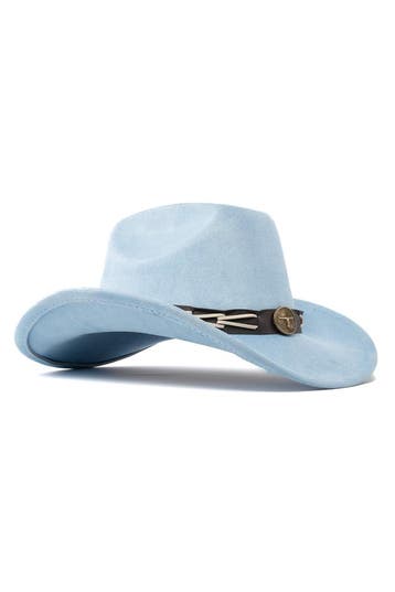 KIMU® Cowboyhoed Lichtblauw Gevlochten Band Verstelbaar t/m, Ophalen of Verzenden, Nieuw