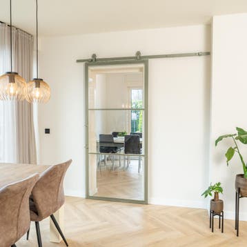 Stalen Schuifdeur 3 Vlaks Olijfgroen Helder glas Moderne loo