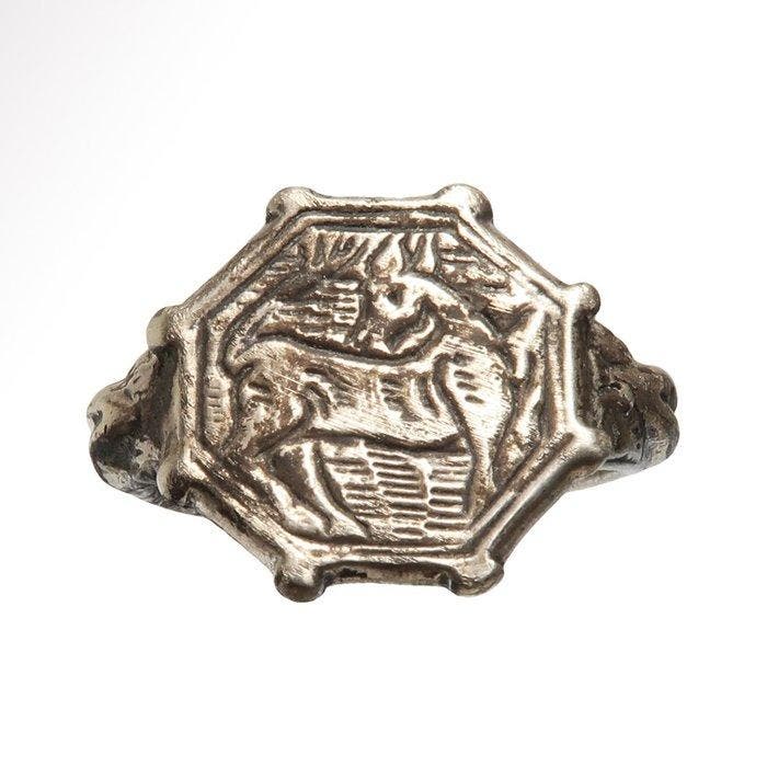 Sasanian Zilver Ring met hert, Antiquités & Art, Antiquités | Autres Antiquités