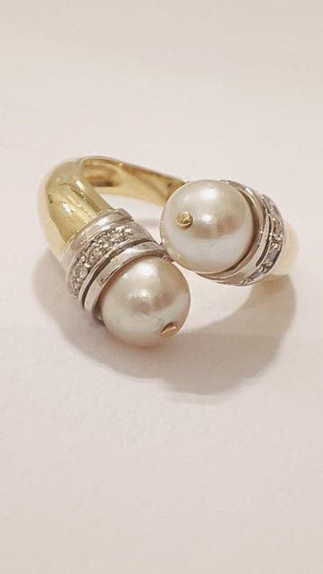 Ring - 18 karaat Geel goud Parel - Diamant