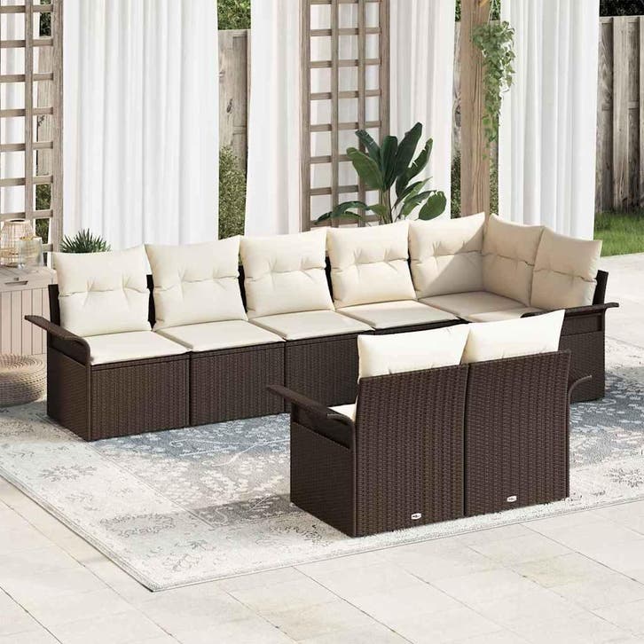 vidaXL Tuinbank Set met kussen 8 pcs Bruin poly rattan, Tuin en Terras, Tuinsets en Loungesets, Nieuw, Verzenden
