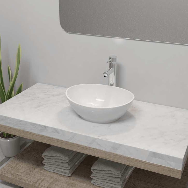 vidaXL Badkamerwastafel met mengkraan ovaal keramiek wit, Doe-het-zelf en Bouw, Sanitair, Nieuw, Verzenden