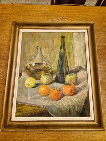 École française (XX) - Stilleven met flessen en fruit, Antiek en Kunst