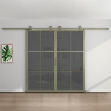 Dubbele stalen schuifdeur - 6 Vlaks - Kiezelgrijs - Rookglas