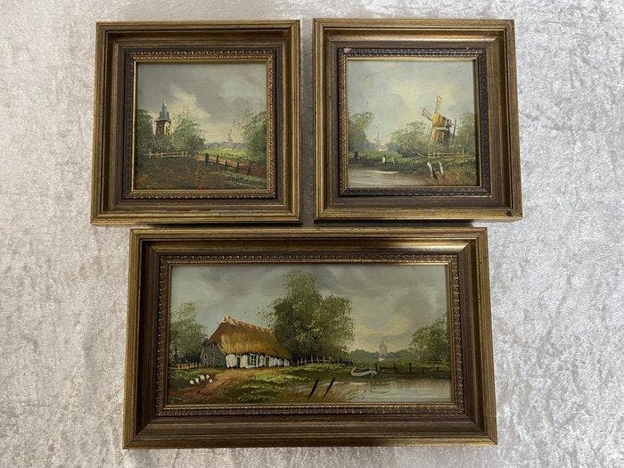 Landschap - B. De Vries (XX) - Lijst - Hout - Drie landschap, Antiek en Kunst, Kunst | Schilderijen | Klassiek