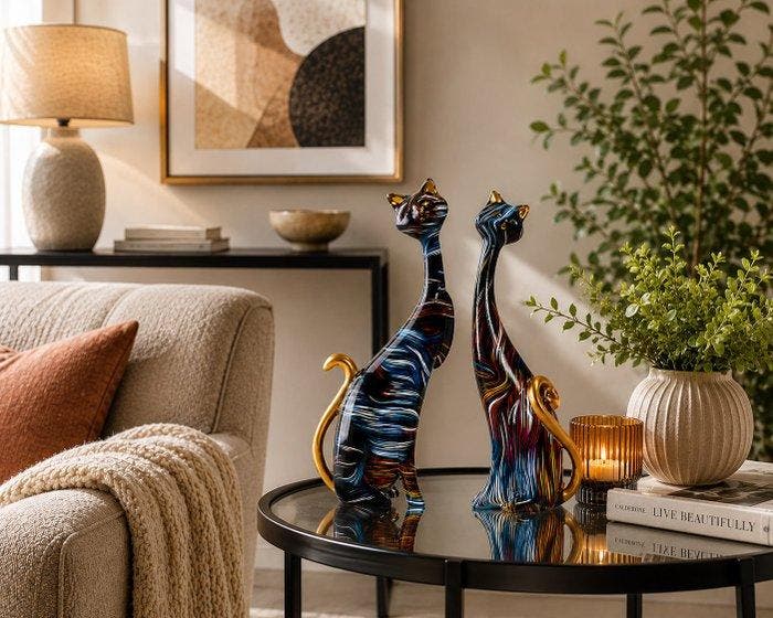 sculptuur, Set of 2 Abstract Cats Sculpture Colorful Resin, Antiek en Kunst, Curiosa en Brocante