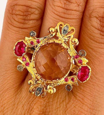 Zonder minimumprijs - Ring - 9 kt. Geel goud, Zilver Quartz, Nieuw