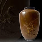 Takaoka bronze vase with high relief chrysanthemum & uguisu