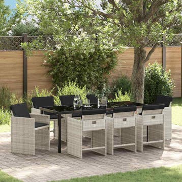 vidaXL Tuin Eettafel Set 9 st Lichtgrijs poly rattan, Verzenden, Nieuw