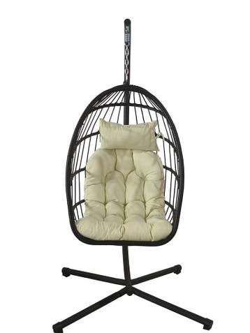 Egg Chair Zwart/Beige -34% | Retour deal: weg = weg, Tuin en Terras, Tuinstoelen, Verzenden, Zo goed als nieuw, Rotan, Inklapbaar