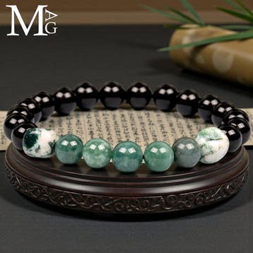 Elastische zwarte onyx- en nefrietjade armband met