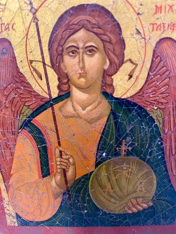 Icône - Saints avec ange gardien - Bois, Antiquités & Art