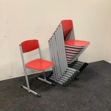 complete set van 9 stuks schoolstoelen Eromes, rood - grijs, Huis en Inrichting, Gebruikt, Grijs, Hout, Vijf, Zes of meer stoelen