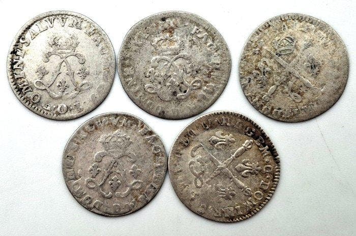 Frankrijk. Louis XIV (1643-1715). Lot de 5 monnaies (4 Sols, Postzegels en Munten, Munten | Europa | Niet-Euromunten