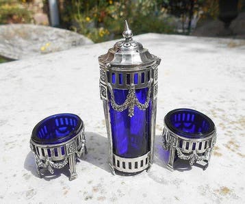 Dutch Silver Condiment Set with Cobalt Blue Glass Liners -