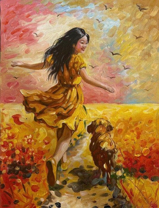 Nguyn V.L (1993) - La danse sous le ciel de lin 80 60 cm, Antiquités & Art, Art | Peinture | Moderne