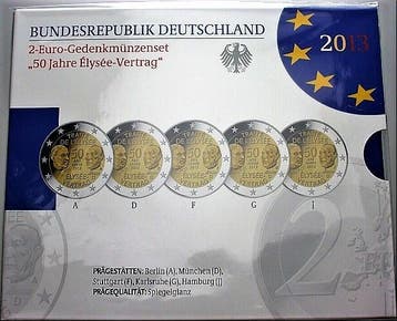 5 x 2 Euro 2013 A,d,f,g,j Duitsland 50 Jahre Elysee-vertrag, Postzegels en Munten, Verzenden, België