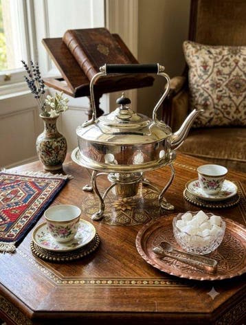 Antique Silver-Plated Tea Kettle on Stand with Warmer -