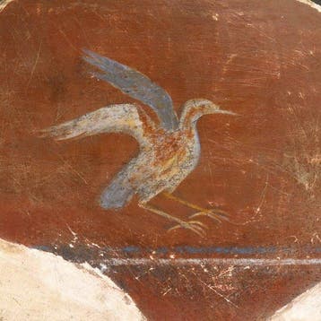 Oud-Romeins Pleister Wall Fresco met vliegende vogel, Antiek en Kunst