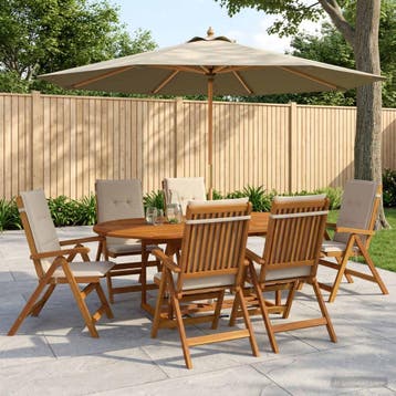 vidaXL Buiten Eetset met Parasol 8 st Crèmewit Massief, Tuin en Terras, Verzenden, Nieuw