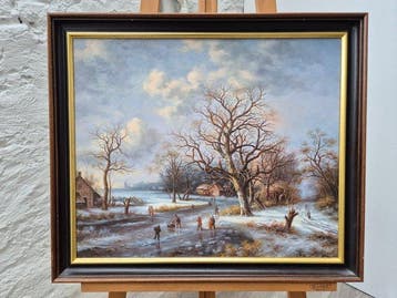 G. Rose (XX) - Winterlandschaft mit Eisläufern, Antiquités & Art