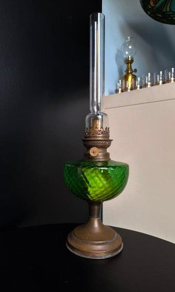 Olielamp - Zinklegering, pewter, Glas - Groene Glas olie, Antiek en Kunst