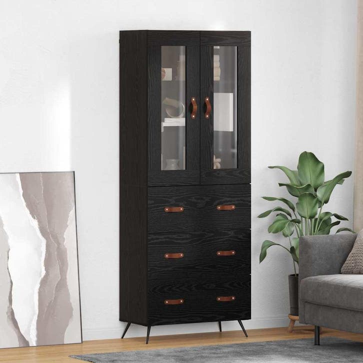 vidaXL Hoge kast met plank met lade 2 pcs Zwart Eiken, Huis en Inrichting, Kasten | Dressoirs, Nieuw, Verzenden