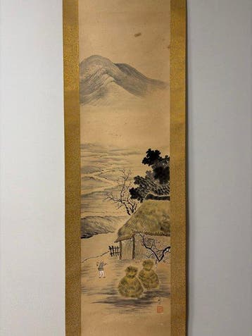 Japanse winterlandschap schilderij – Sneeuwbedekt bergdorpje