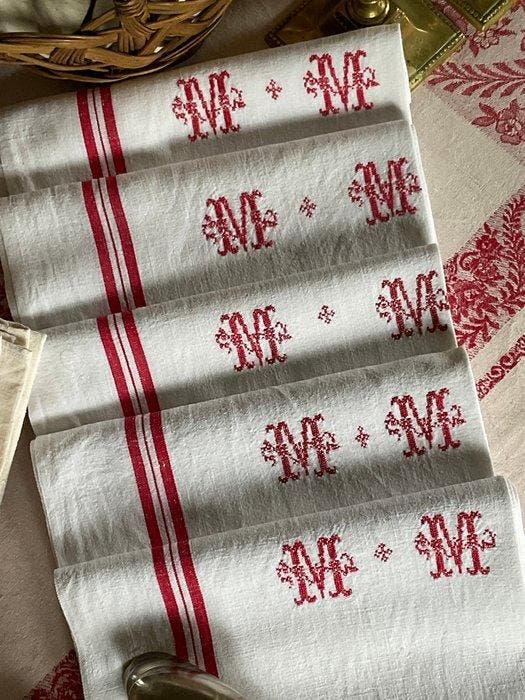 Koffie- en theeservies - 5 linnen theedoeken uit de vroege, Antiek en Kunst, Antiek | Tapijten, Tafelkleden en Textiel