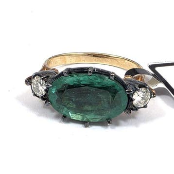 Ring - 18 karaat Geel goud, Zilver Smaragd - Diamant