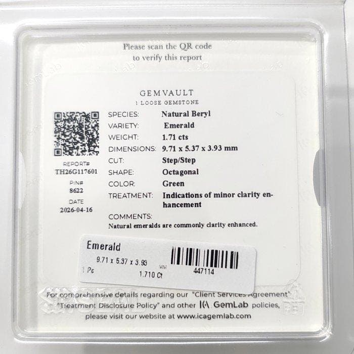 Zonder minimumprijs Groen Smaragd - 1.71 ct - nternational, Bijoux, Sacs & Beauté, Pierres précieuses
