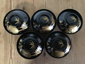 Elegant Set of 5 Vintage Japanese Black Lacquer Soup Bowls