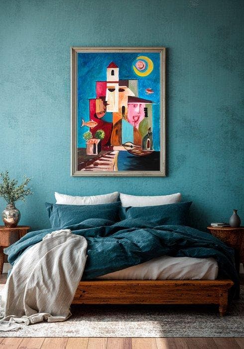 E. Pérez Lezcano - “Pueblo bajo la Luna” XL (No Reserve), Antiek en Kunst, Kunst | Schilderijen | Modern