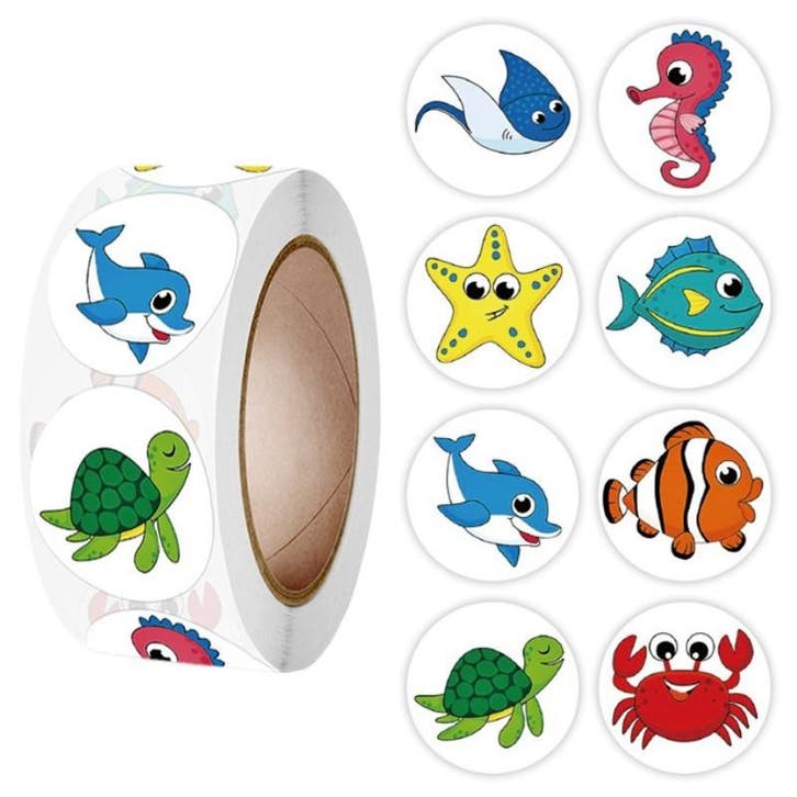 500 Stickers Op Rol - 2.5cm - Vissen & Zeedieren -, Hobby en Vrije tijd, Stickers en Plaatjes, Verzenden