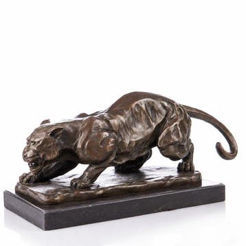 sculptuur, Bronze Leaping Panther - 22 cm - Brons, Marmer