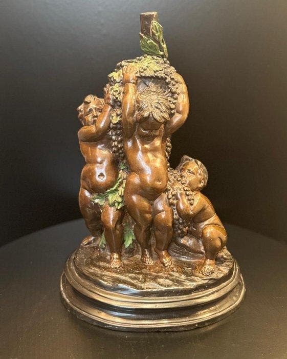 sculptuur, Magnificent Cherubs with Grapes - 40 cm - Brons, Antiquités & Art, Antiquités | Céramique & Poterie