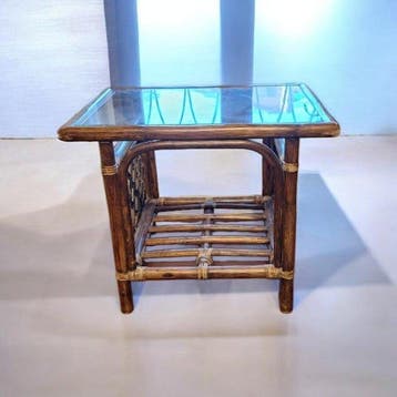 Salontafel - Rattan, Glas - Vintage salontafel van bamboe en