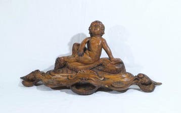 Beeld, Putto in attesa - 21 cm - Walnoot