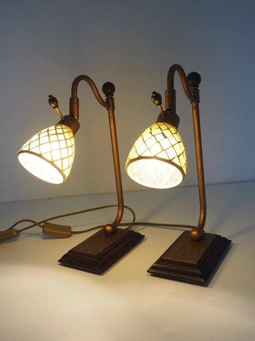 Tafellamp - IJzer, Glas, Hout - Een paar tafellampen, Antiek en Kunst, Curiosa en Brocante