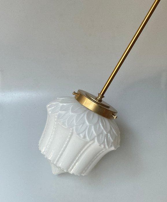 Hangende plafondlamp - Messing, Opalineglas - Artdeco met, Antiquités & Art, Antiquités | Éclairage