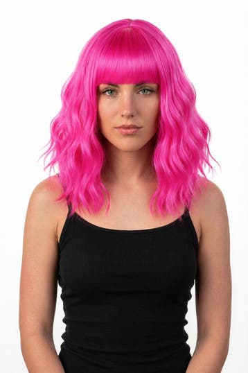 KIMU® Luxe Donkerroze Pruik Schouderlengte Rechte Pony Krull, Ophalen of Verzenden