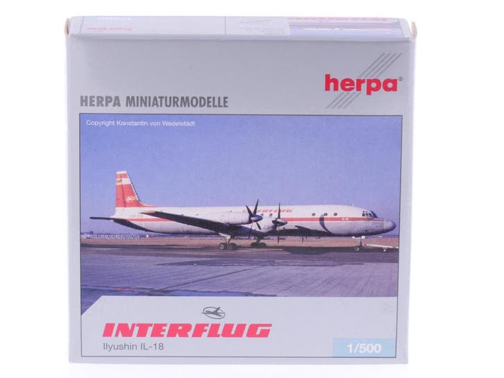 Schaal 1:500 Herpa 510691 Interflug Ilyushin IL-18 Reg. D..., Hobby en Vrije tijd, Modelbouw | Vliegtuigen en Helikopters, Zo goed als nieuw