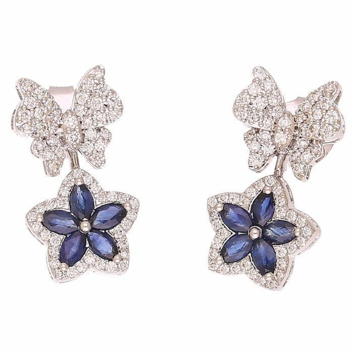 Boucles doreilles - 18 carats Or blanc Saphir - Diamant, Handtassen en Accessoires, Oorbellen