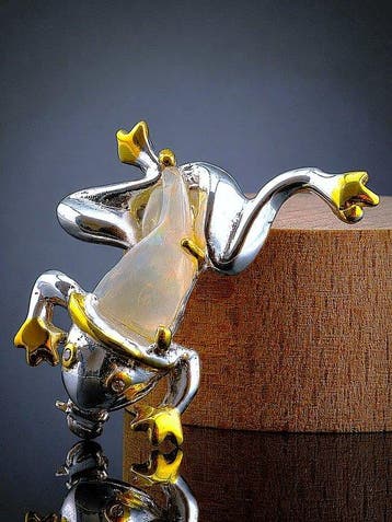 Opaal - Zilver, 925 - Broche - Speelse kikker