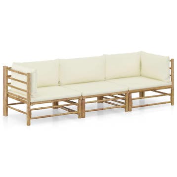 vidaXL 3-delige Loungeset met crèmewitte kussens bamboe, Verzenden, Nieuw, Loungeset